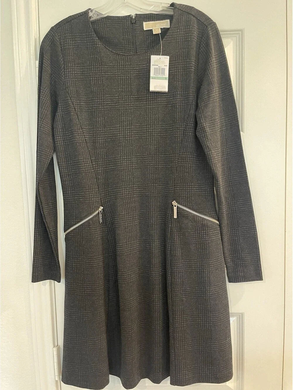 Michael Kors black and gray plaid long-sleeve, A-line jersey dress Size 8